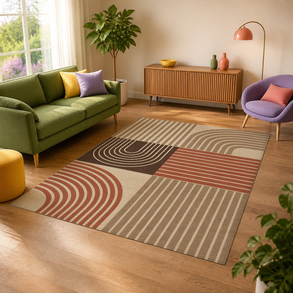 Kartela Retro Patchwork washable retro striped area rug in Beige, in a sunny living room with a green sofa