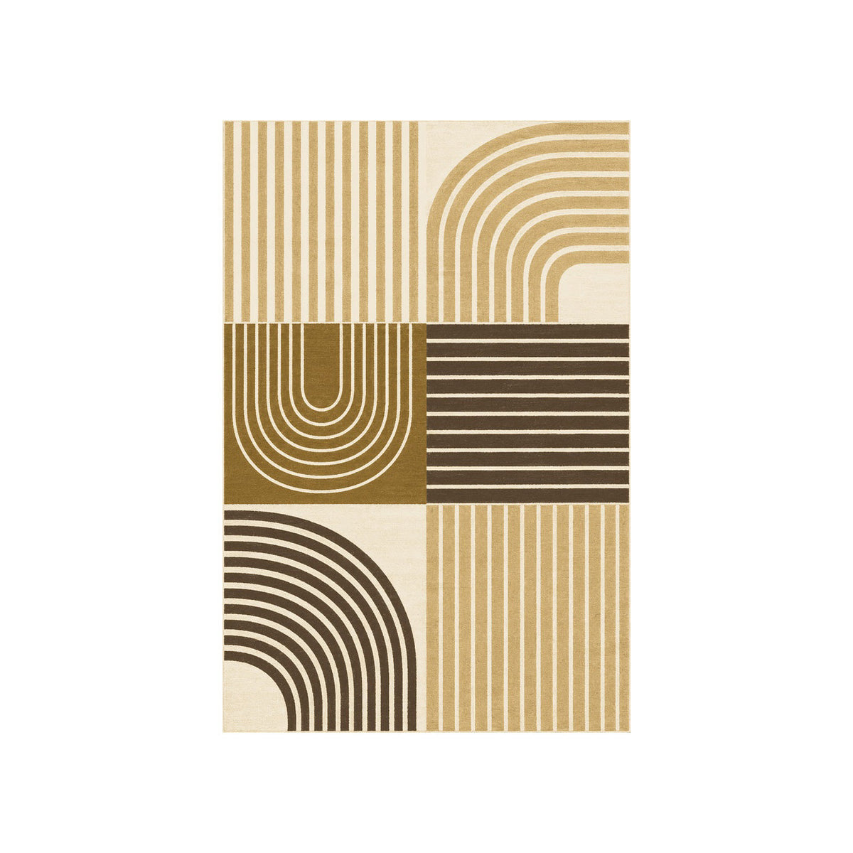 Kartela Retro Patchwork washable retro striped area rug in Mustard, flat product view on a white background