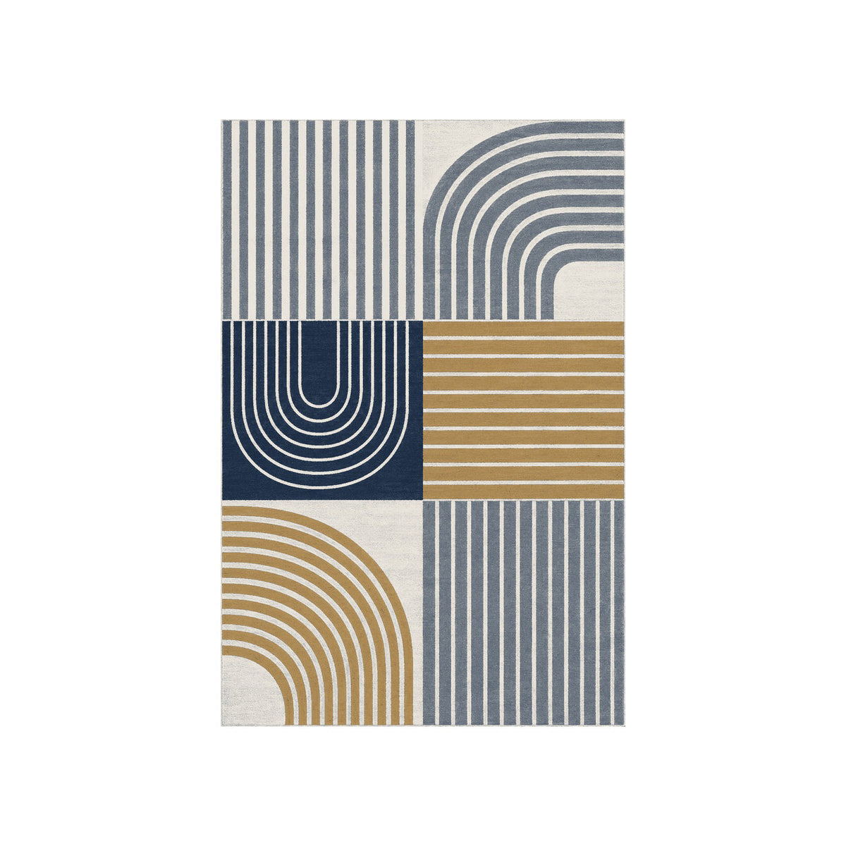 Kartela Retro Patchwork washable retro striped area rug in Navy, flat product view on a white background