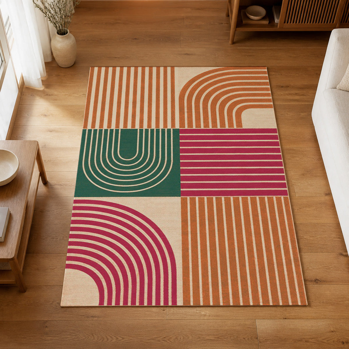 Kartela Retro Patchwork washable retro striped area rug in Retro Brights, on a wooden floor in a bright living room