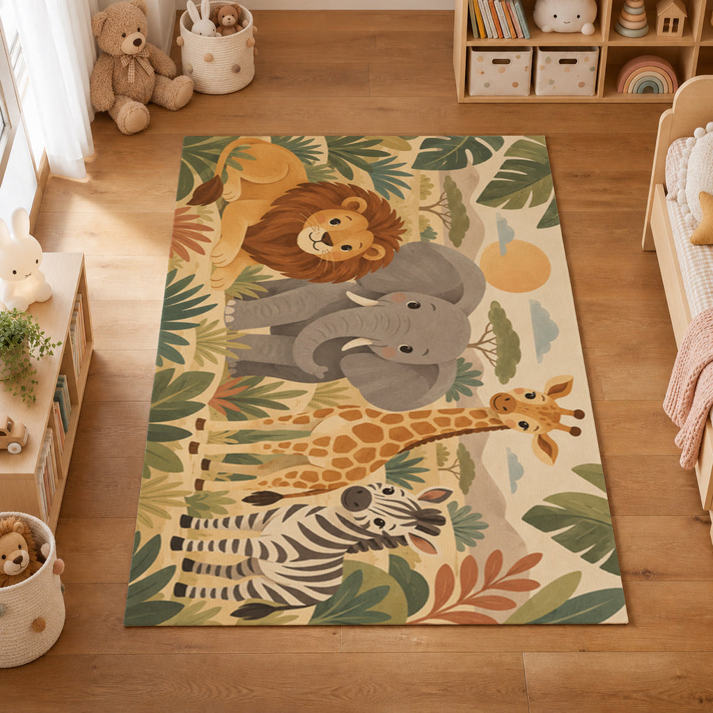 Kartela Safari Friends washable safari animals kids rug in a kids' room on a wooden floor