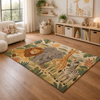 Kartela Safari Friends washable safari animals kids rug in a playroom next to toy shelves