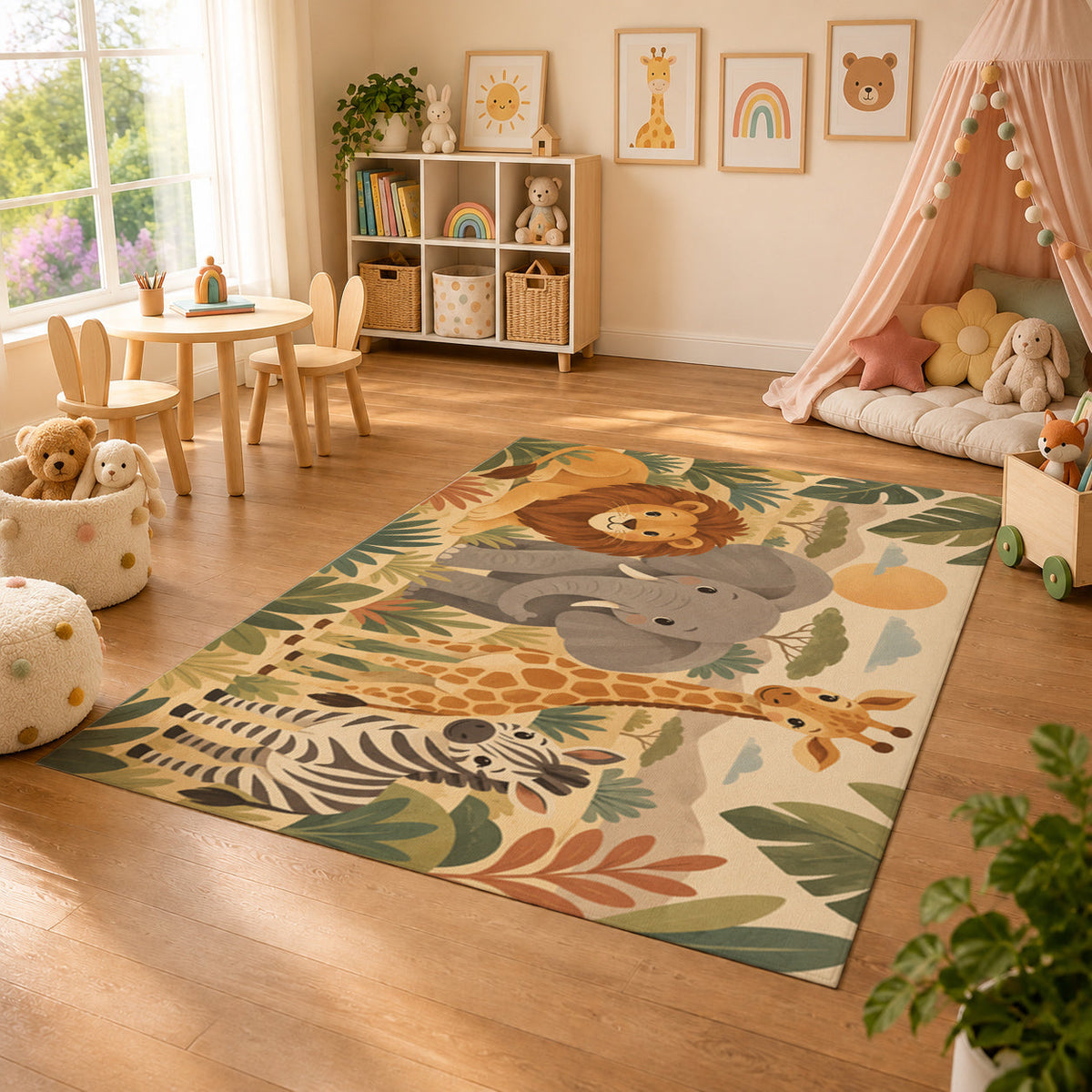 Kartela Safari Friends washable safari animals kids rug in a sunny kids' room with a play tent