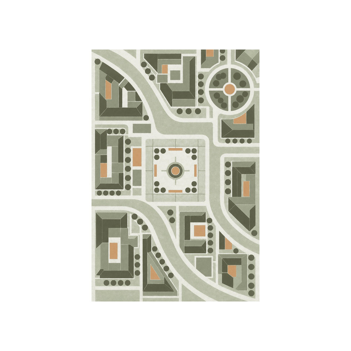 Kartela City Plan washable geometric map area rug in Sage Green, flat product view on a white background