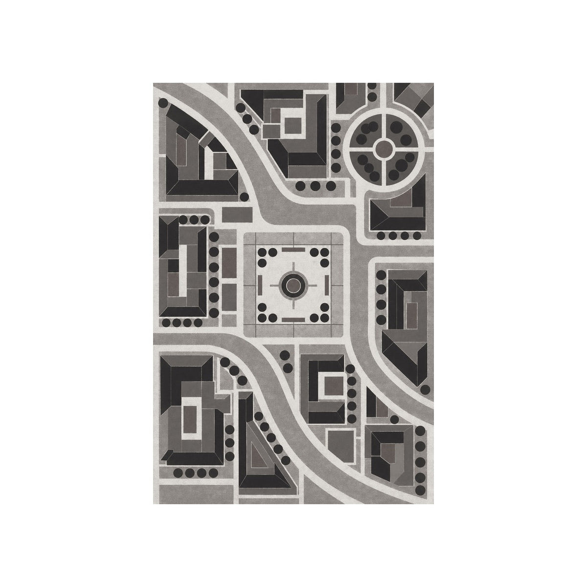 Kartela City Plan washable geometric map area rug in Charcoal, flat product view on a white background