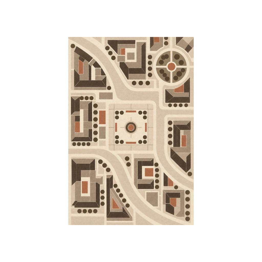 Kartela City Plan washable geometric map area rug in Beige, flat product view on a white background