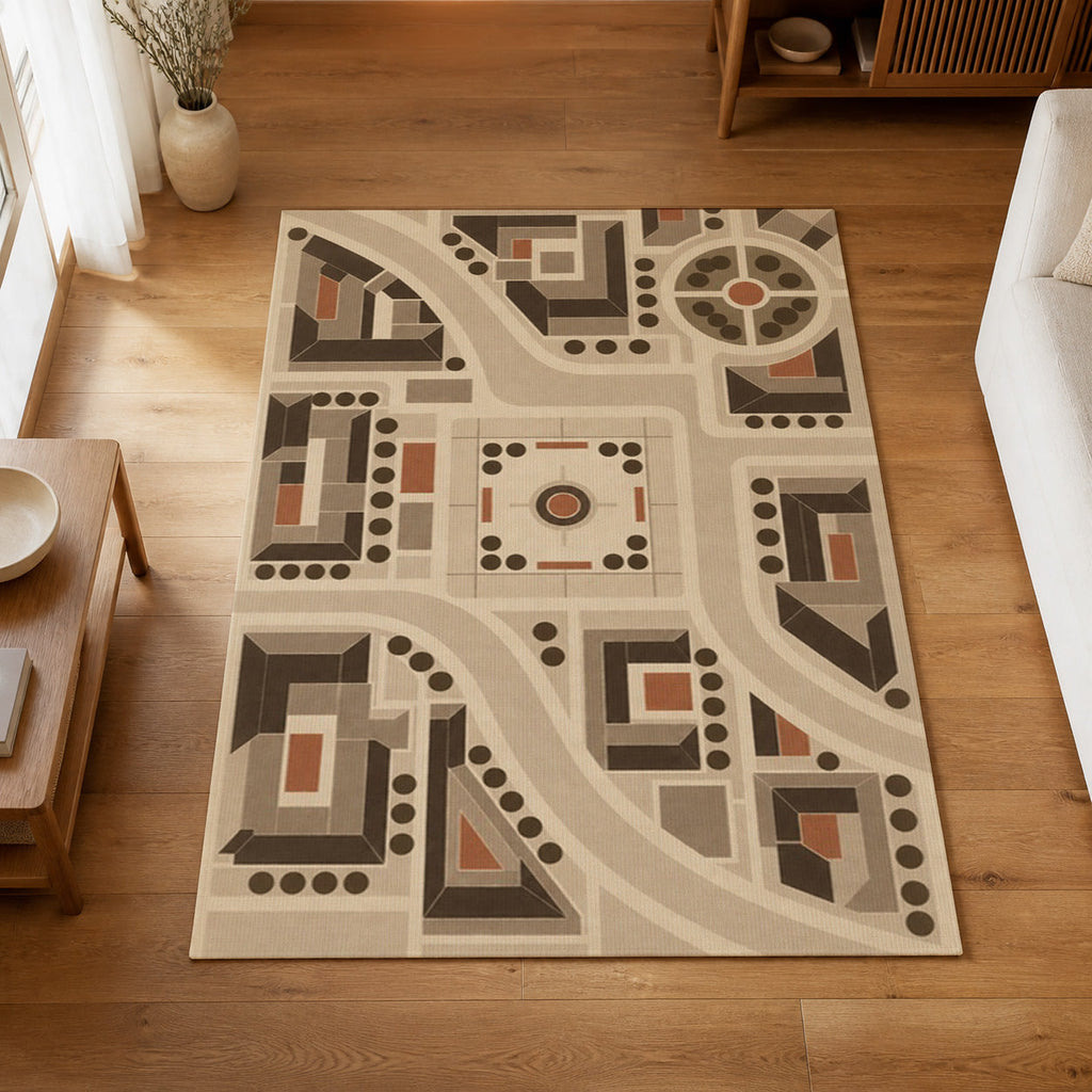 Kartela City Plan washable geometric map area rug in Beige, on a wooden floor in a bright living room