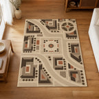 Kartela City Plan washable geometric map area rug in Beige, on a wooden floor in a bright living room