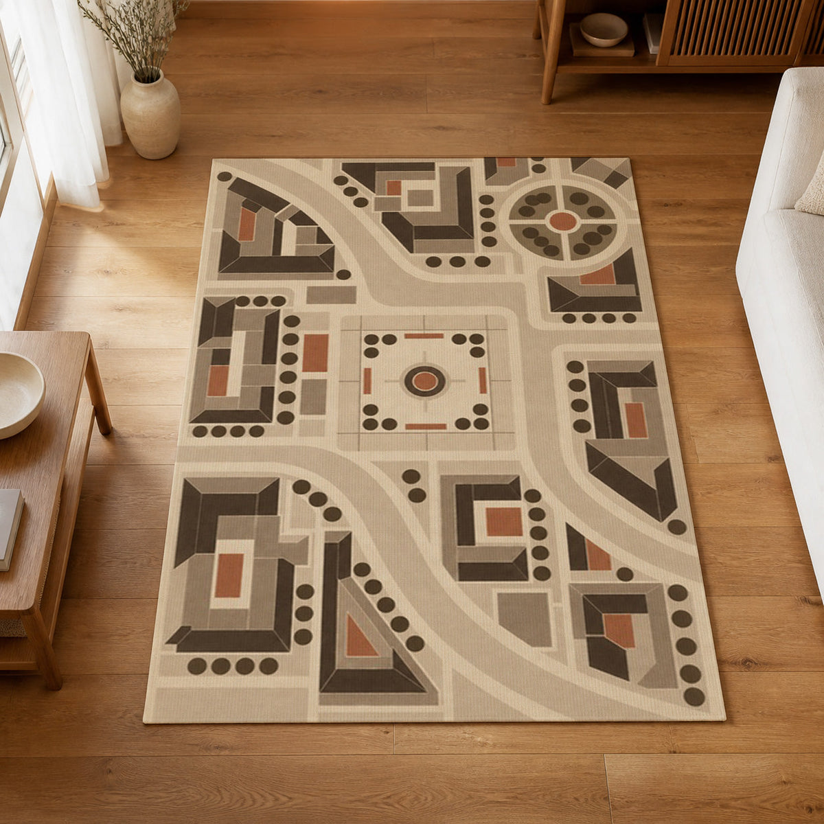 Kartela City Plan washable geometric map area rug in Beige, on a wooden floor in a bright living room