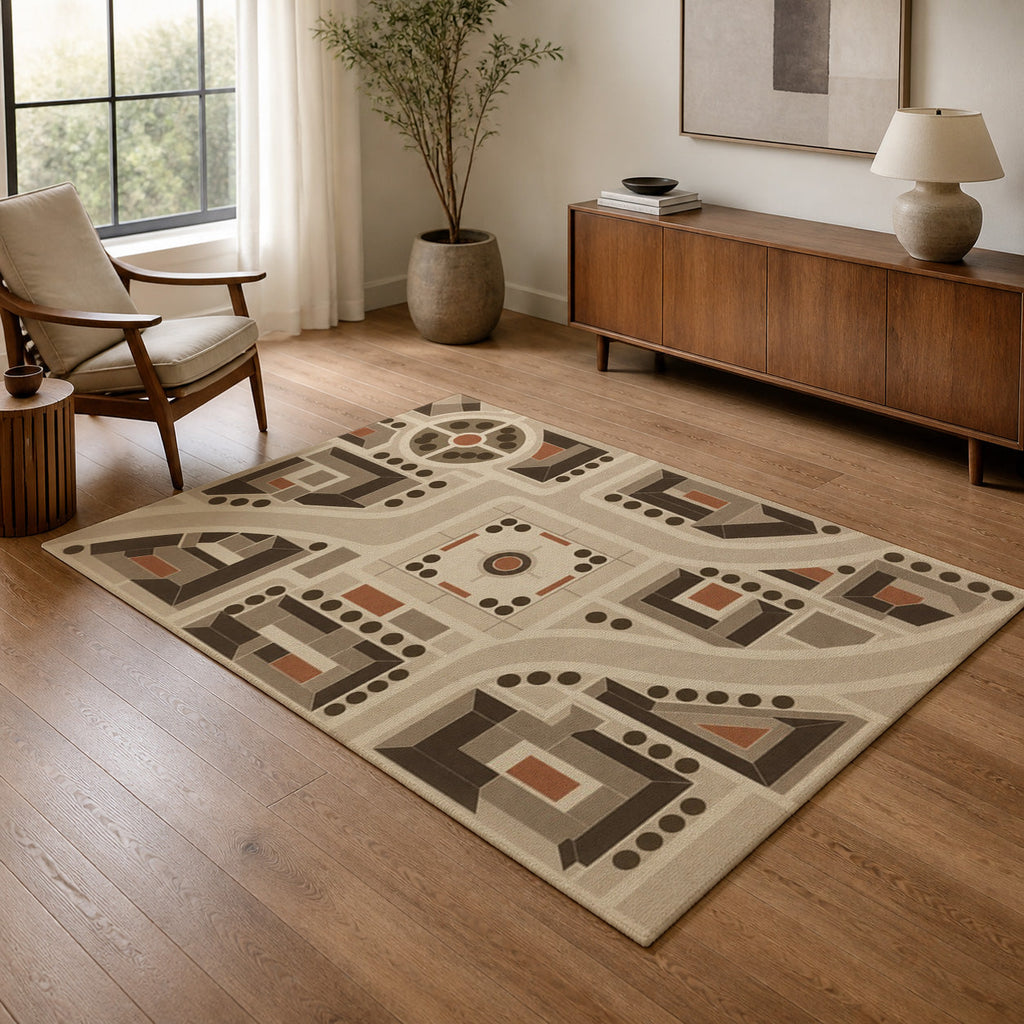 Kartela City Plan washable geometric map area rug in Beige, in a living room with an armchair and sideboard