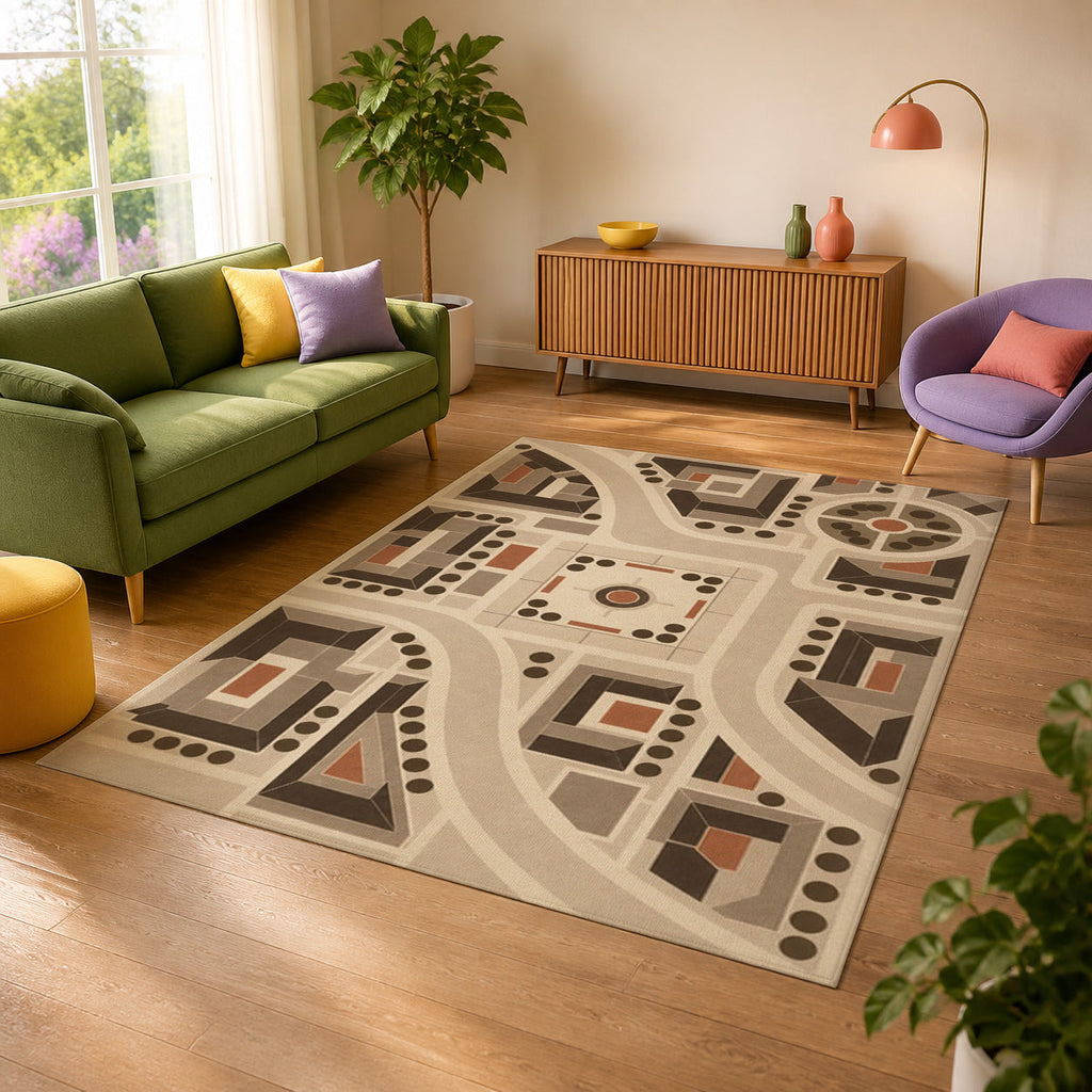Kartela City Plan washable geometric map area rug in Beige, in a sunny living room with a green sofa