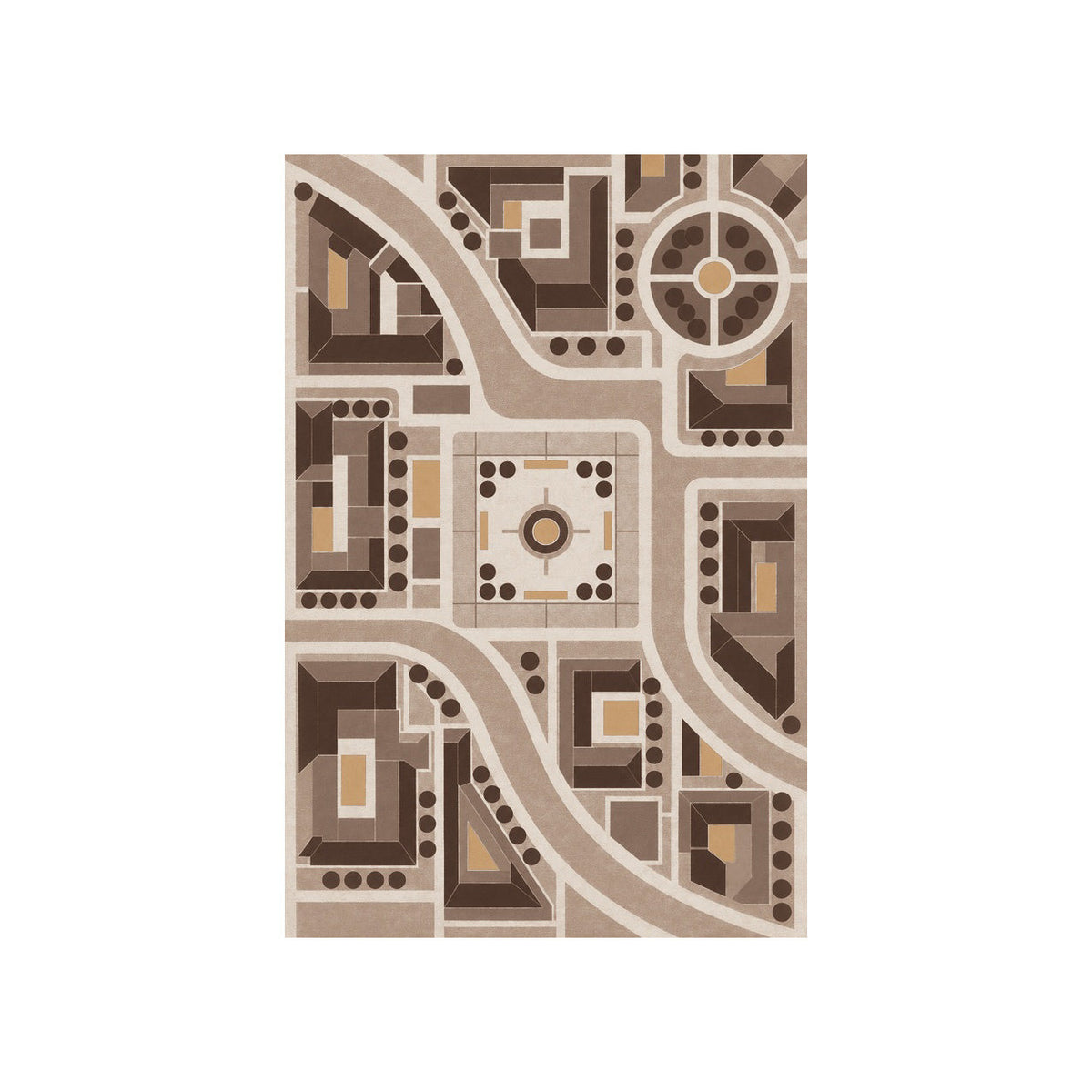 Kartela City Plan washable geometric map area rug in Brown, flat product view on a white background