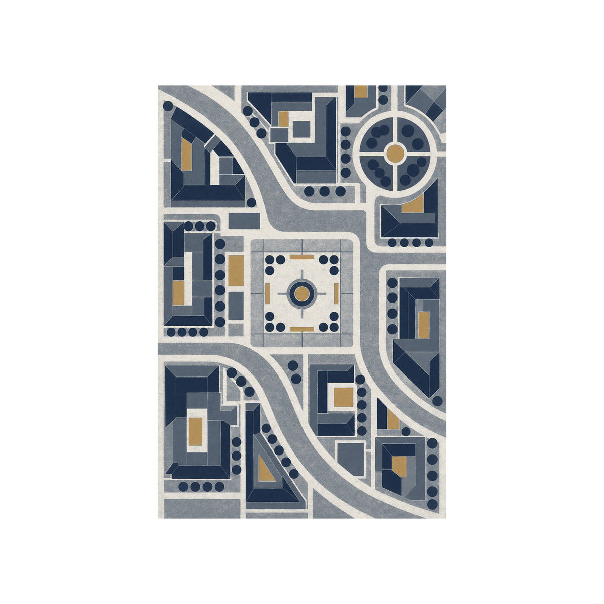 Kartela City Plan washable geometric map area rug in Navy, flat product view on a white background