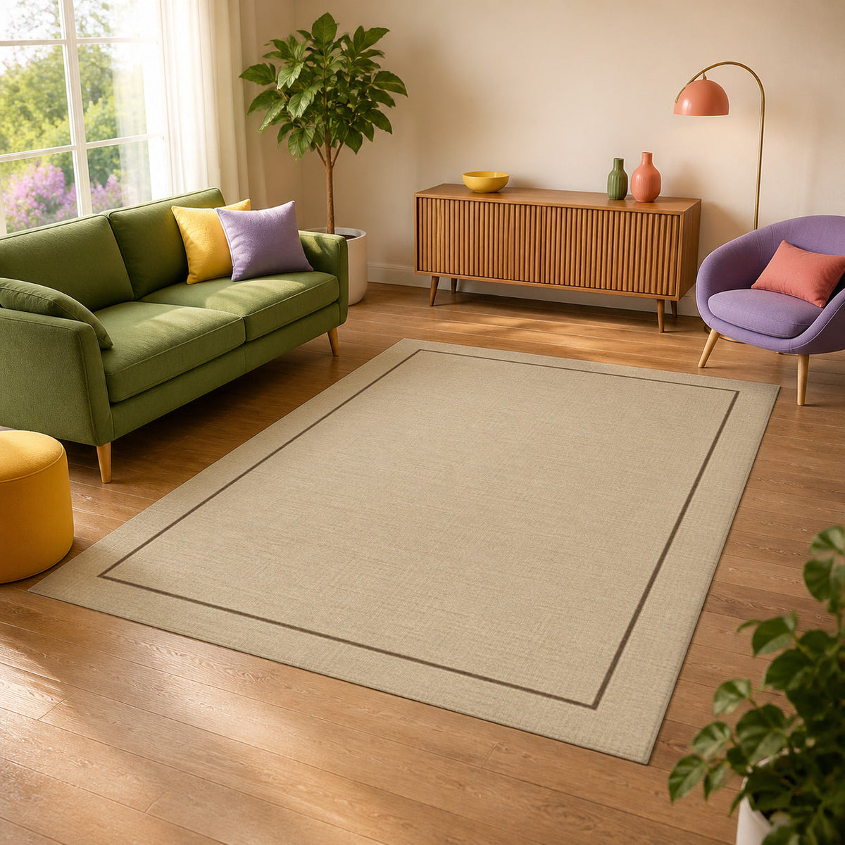 Kartela Sisal Line washable sisal-look minimal area rug in Beige, in a sunny living room with a green sofa