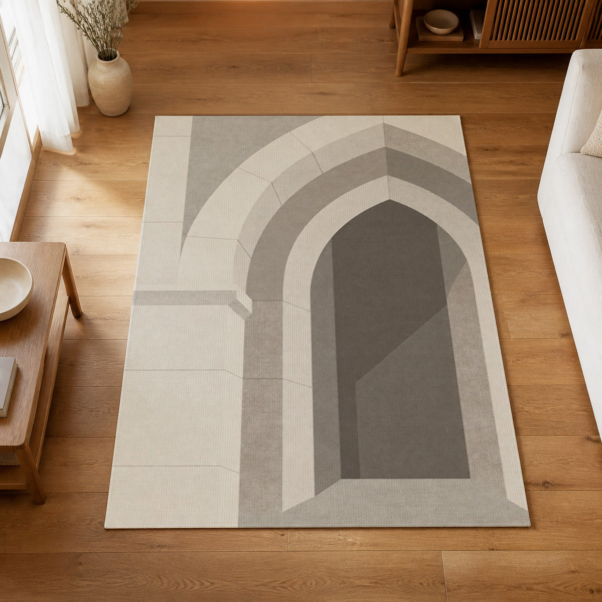 Kartela Stone Arch washable architectural arch area rug in Light Gray, on a wooden floor in a bright living room