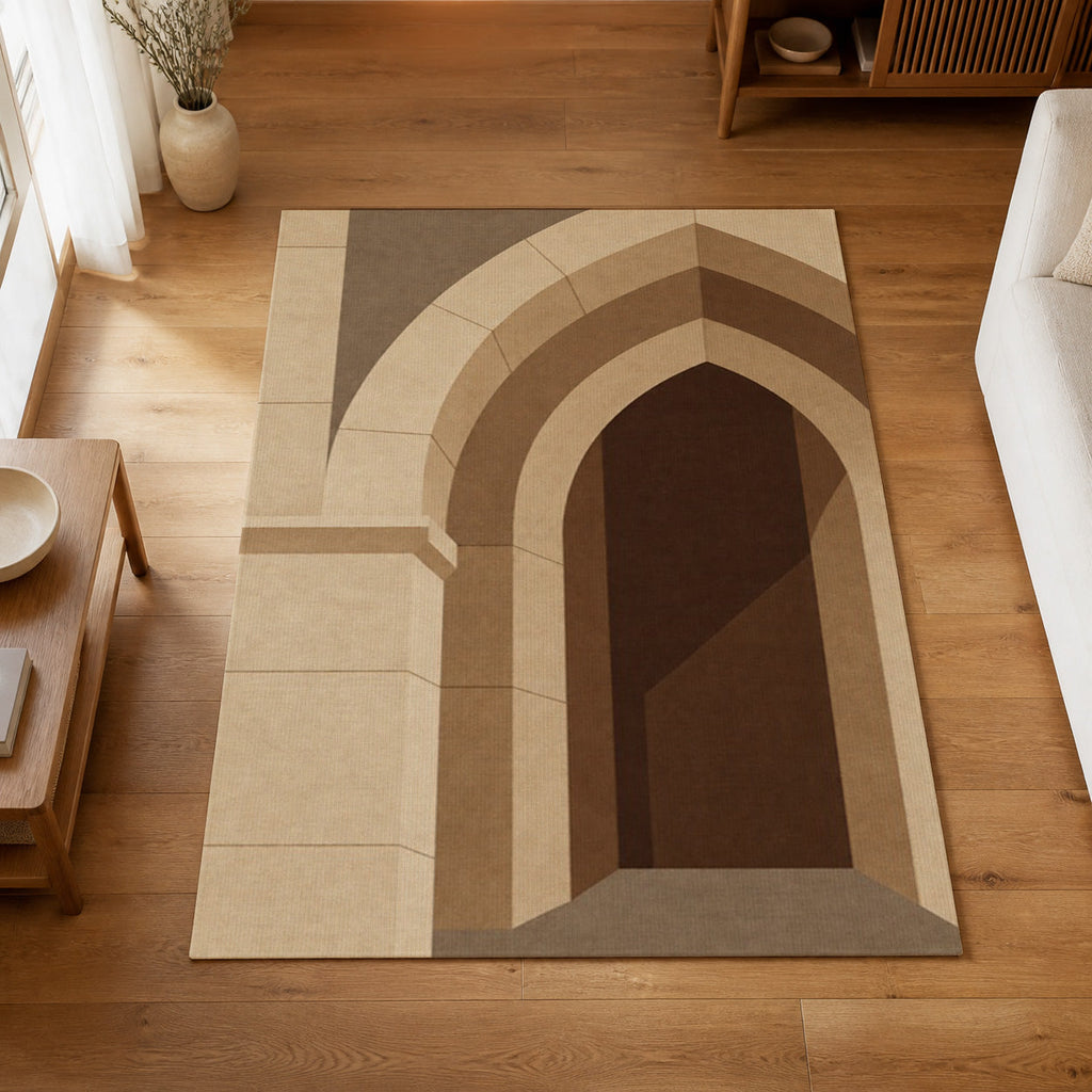 Kartela Stone Arch washable architectural arch area rug in Beige, on a wooden floor in a bright living room
