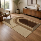 Kartela Stone Arch washable architectural arch area rug in Beige, in a living room with an armchair and sideboard