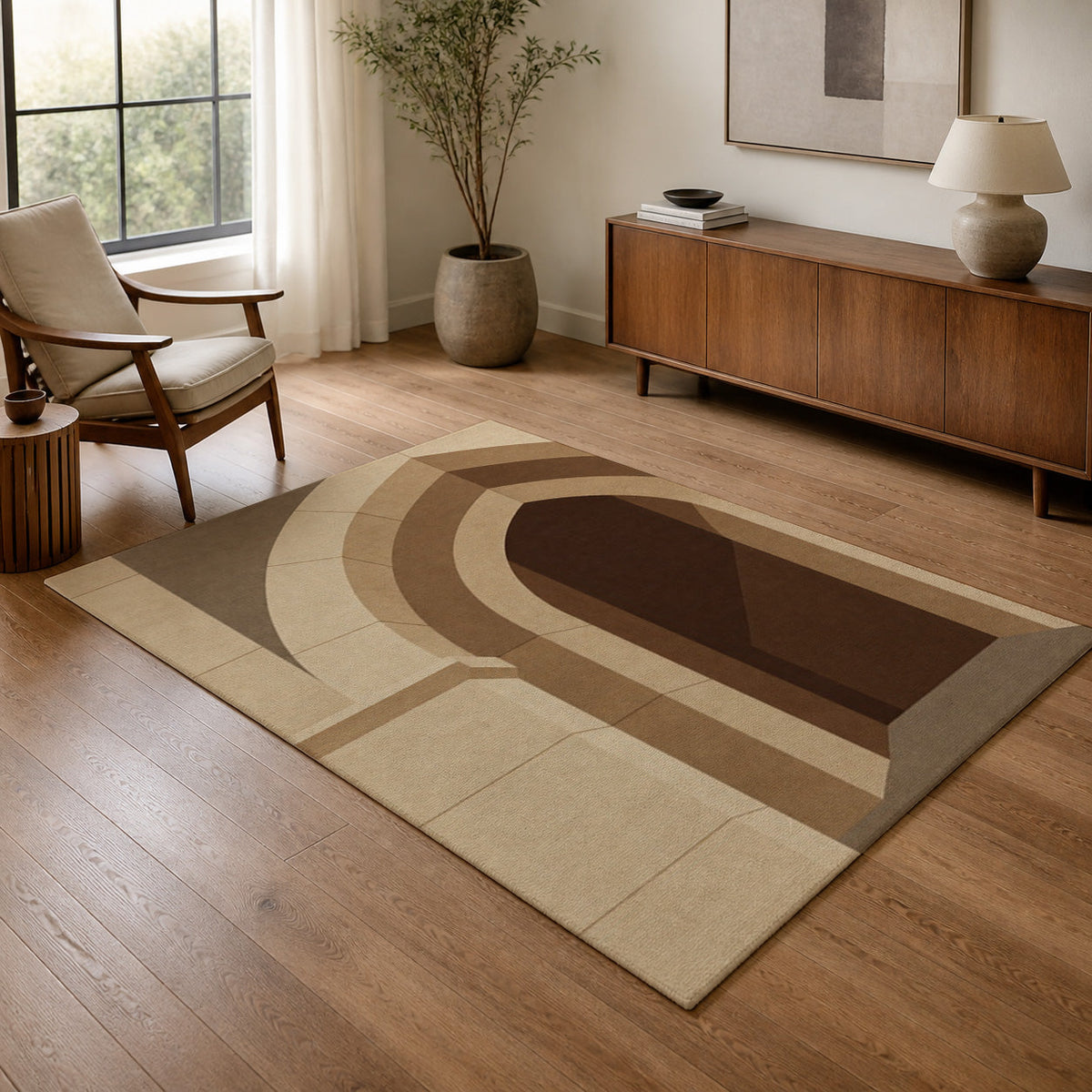 Kartela Stone Arch washable architectural arch area rug in Beige, in a living room with an armchair and sideboard