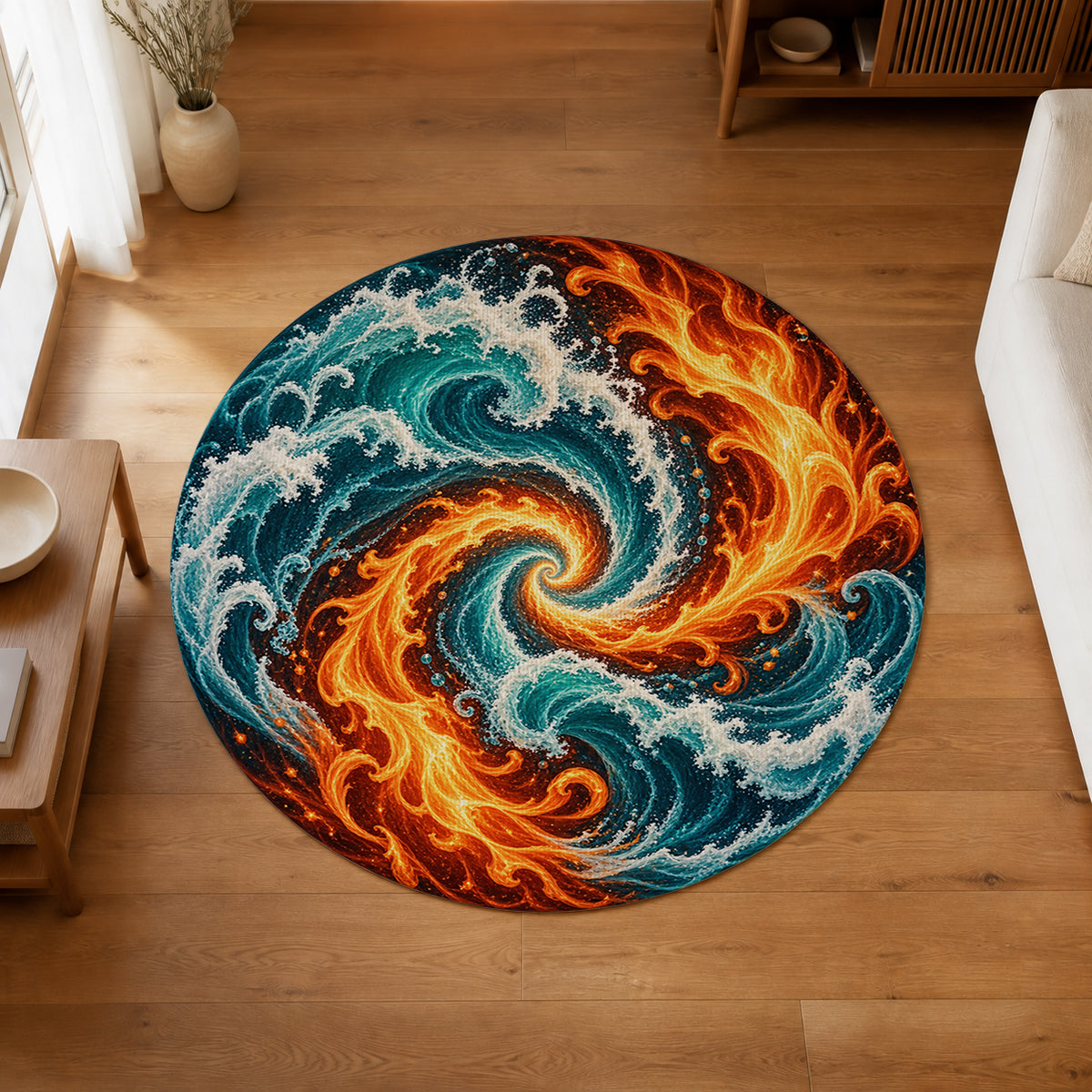 Tidal Flame Spiral Round Rug in an editorial overhead room view