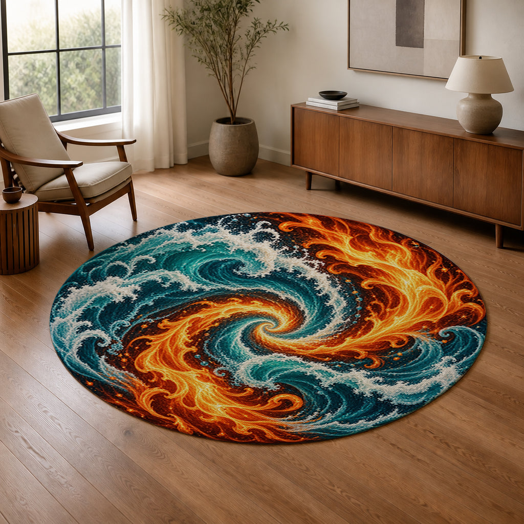 Tidal Flame Spiral Round Rug in a warm modern living room
