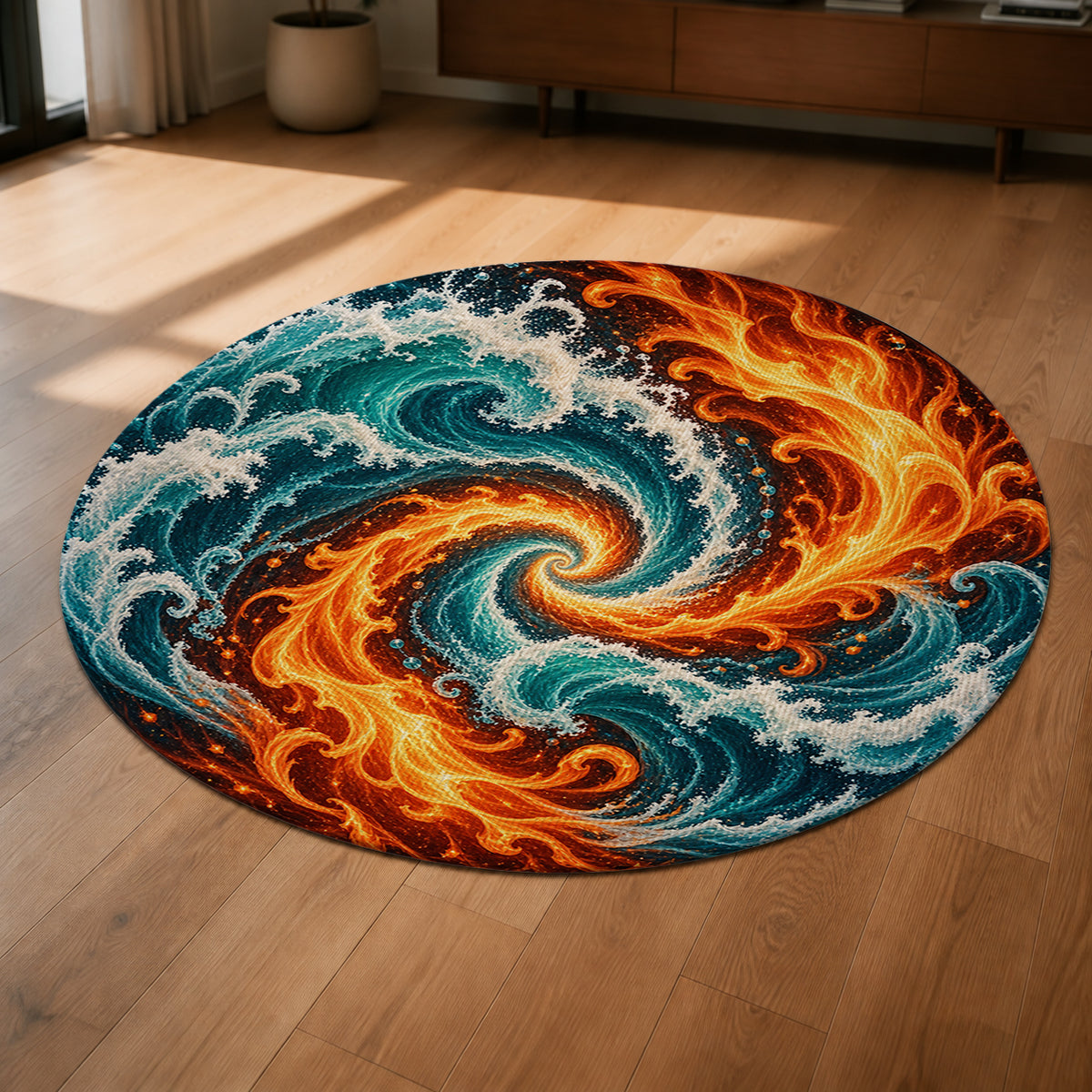 Tidal Flame Spiral Round Rug shown from a low oblique angle