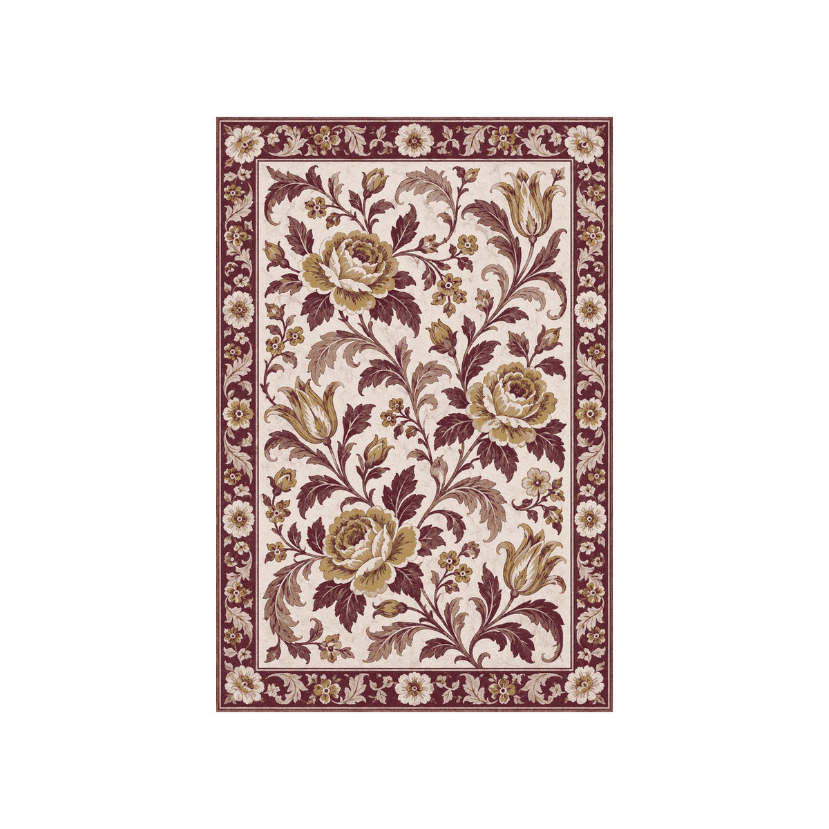 Kartela Vintage Bloom washable vintage floral border area rug in Burgundy, flat product view on a white background
