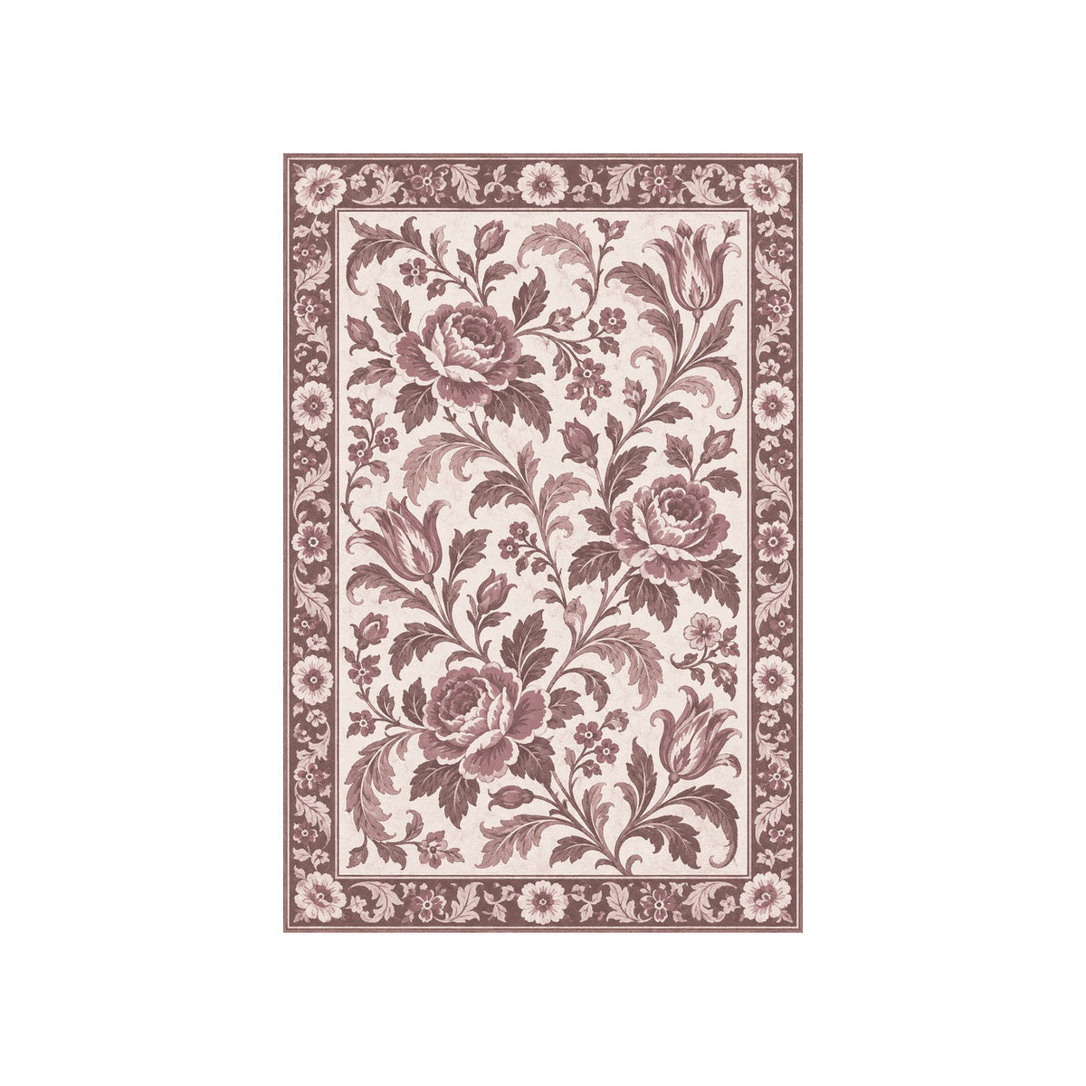 Kartela Vintage Bloom washable vintage floral border area rug in Dusty Rose, flat product view on a white background