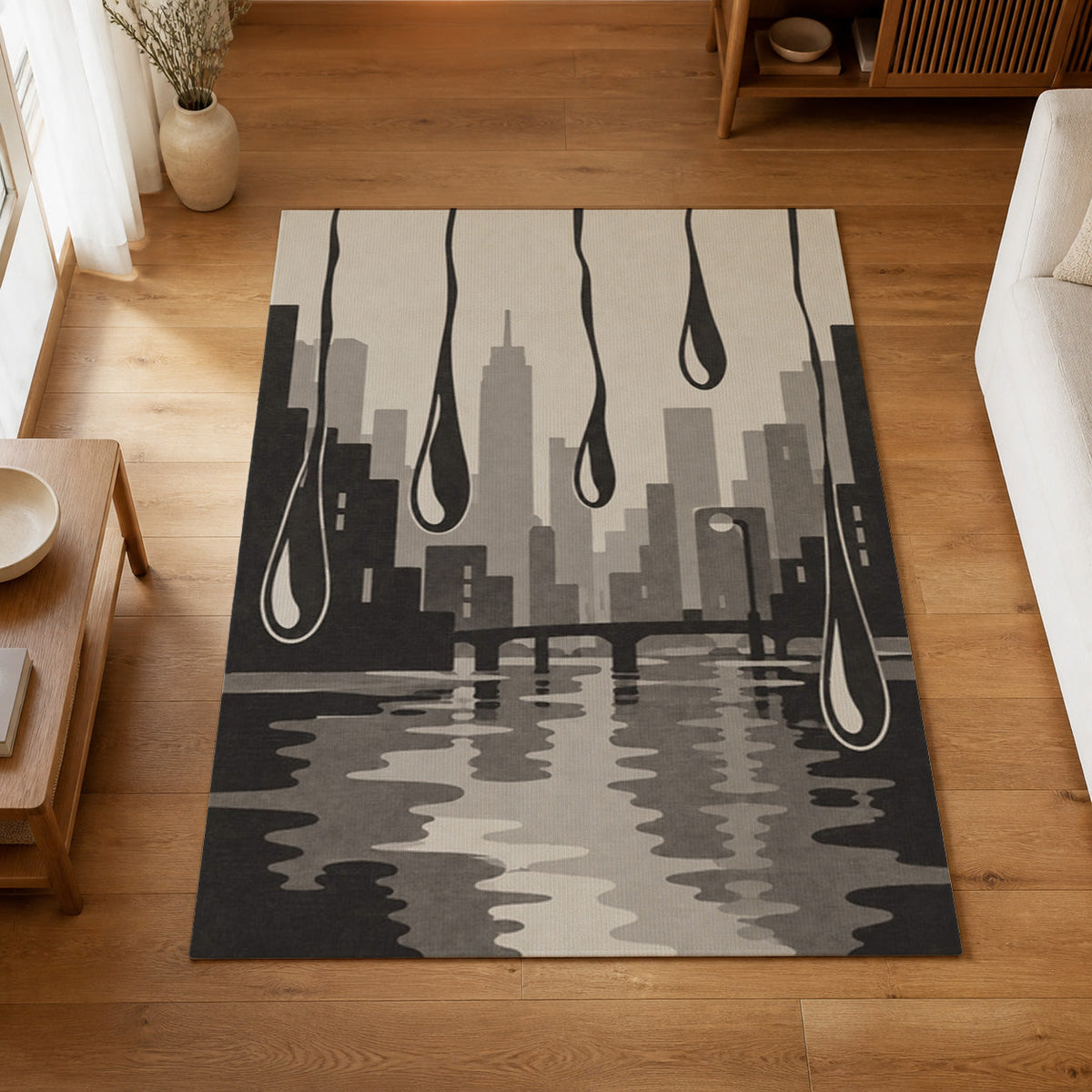 Kartela Rain City washable modern skyline area rug in Charcoal, on a wooden floor in a bright living room