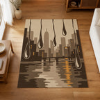 Kartela Rain City washable modern skyline area rug in Beige, on a wooden floor in a bright living room