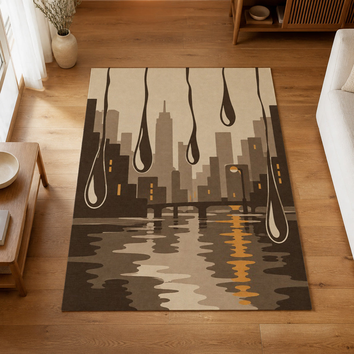 Kartela Rain City washable modern skyline area rug in Beige, on a wooden floor in a bright living room