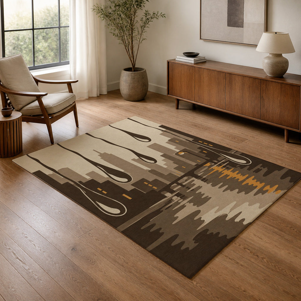 Kartela Rain City washable modern skyline area rug in Beige, in a living room with an armchair and sideboard