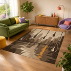 Kartela Rain City washable modern skyline area rug in Beige, in a sunny living room with a green sofa