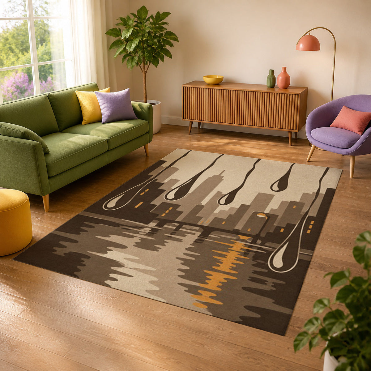 Kartela Rain City washable modern skyline area rug in Beige, in a sunny living room with a green sofa