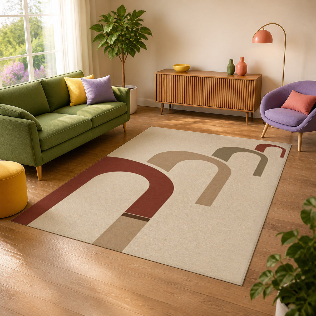 Kartela Echo washable modern arch pattern area rug in Beige, in a sunny living room with a green sofa