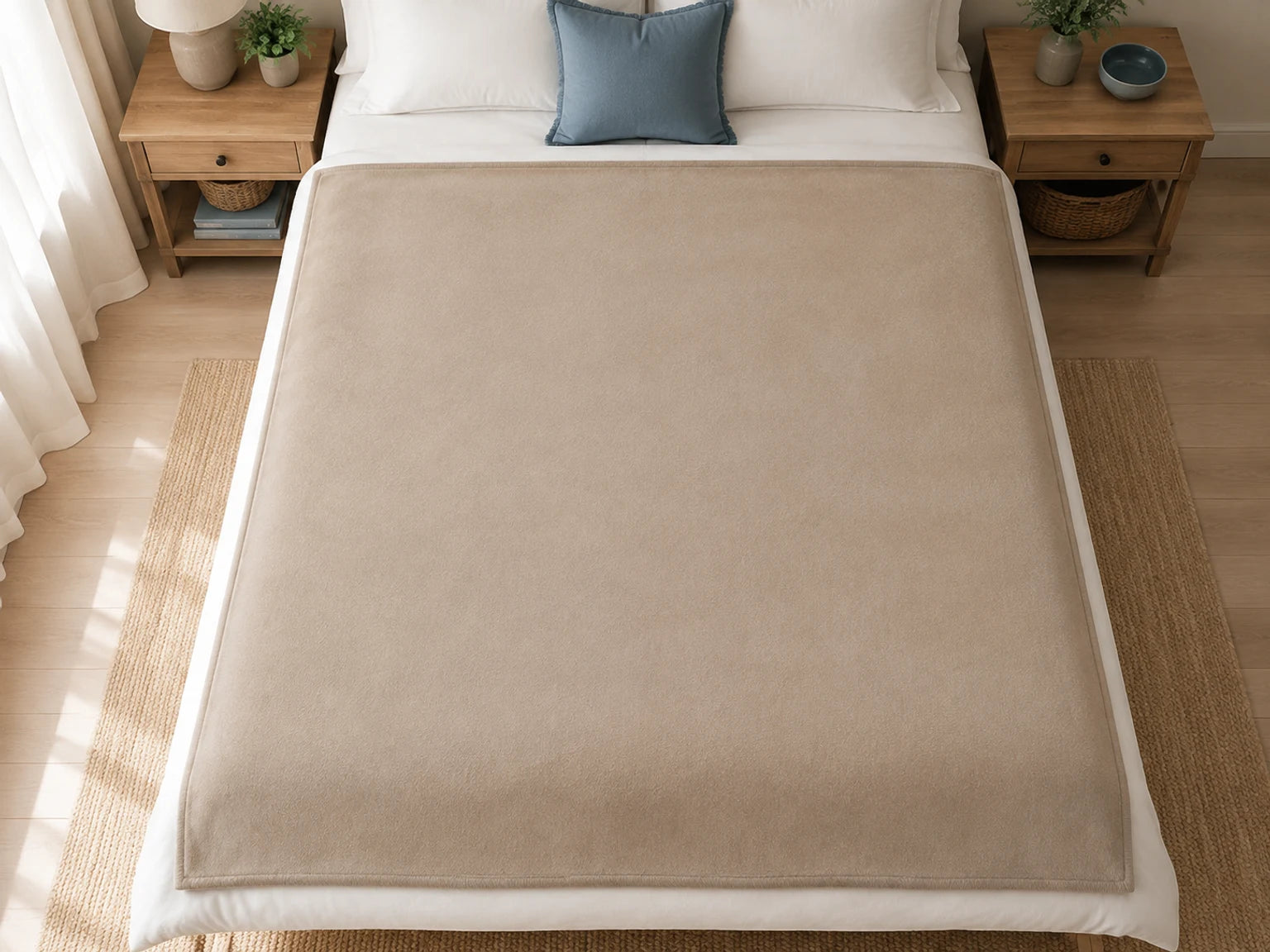 Neutral bed and armchair showing the scale of fleece blanket sizes