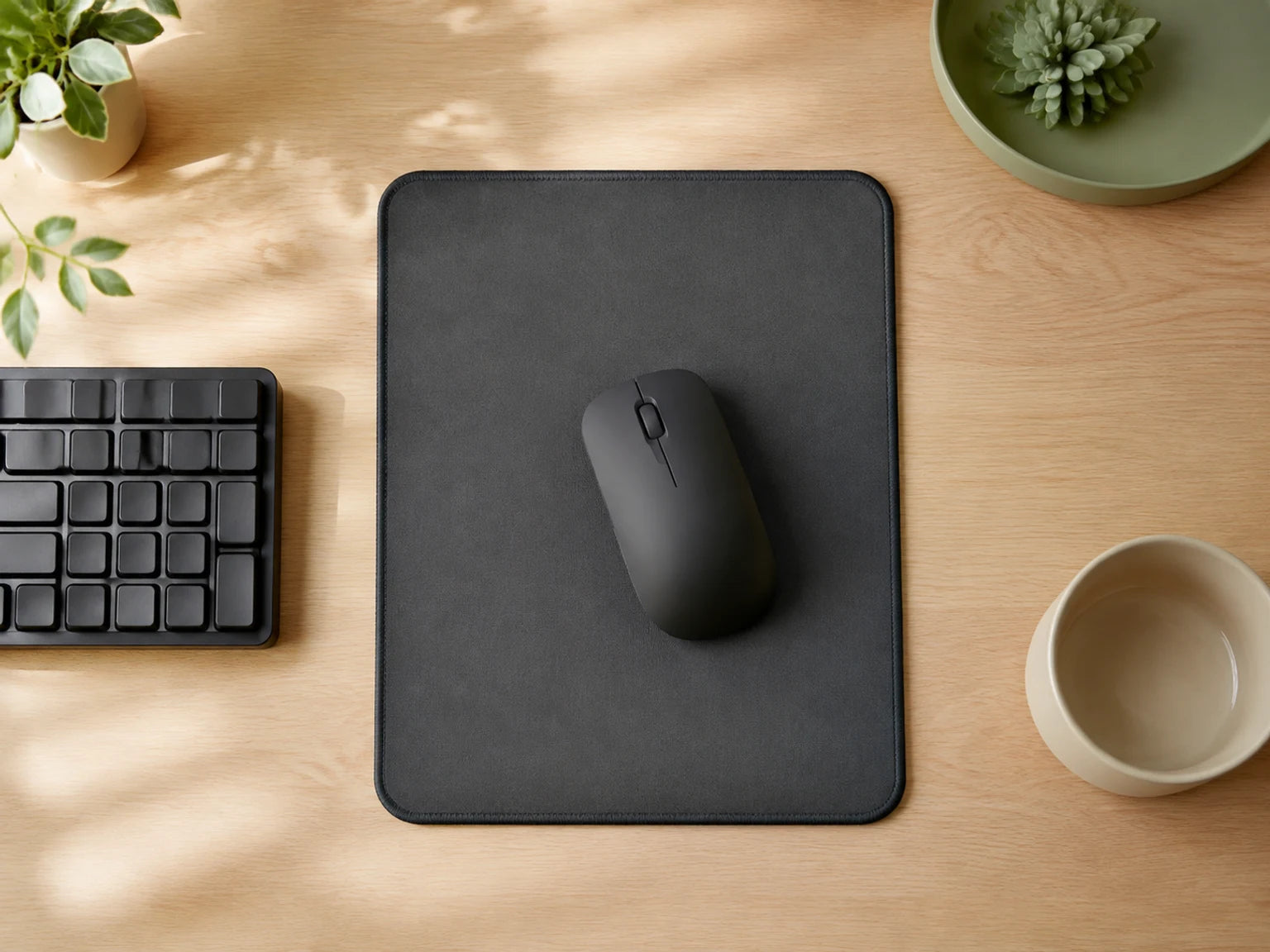 Minimal desktop showing how mousepad sizes fit beside a keyboard