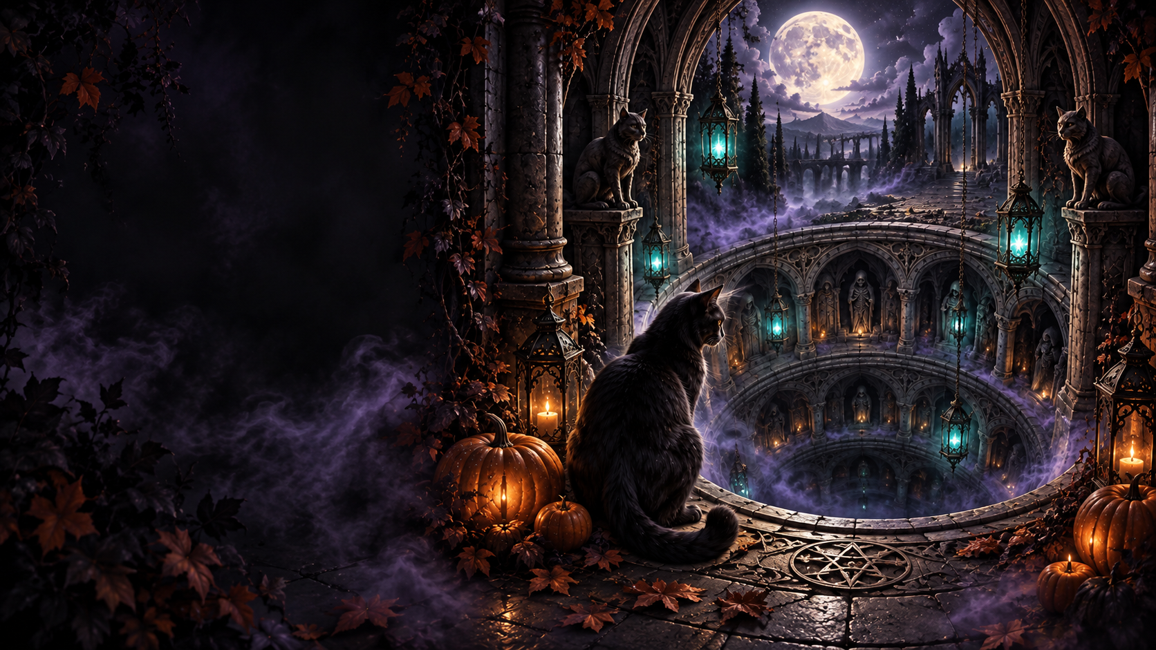 Moonlit gothic Halloween world with a black cat, pumpkins and spectral lanterns