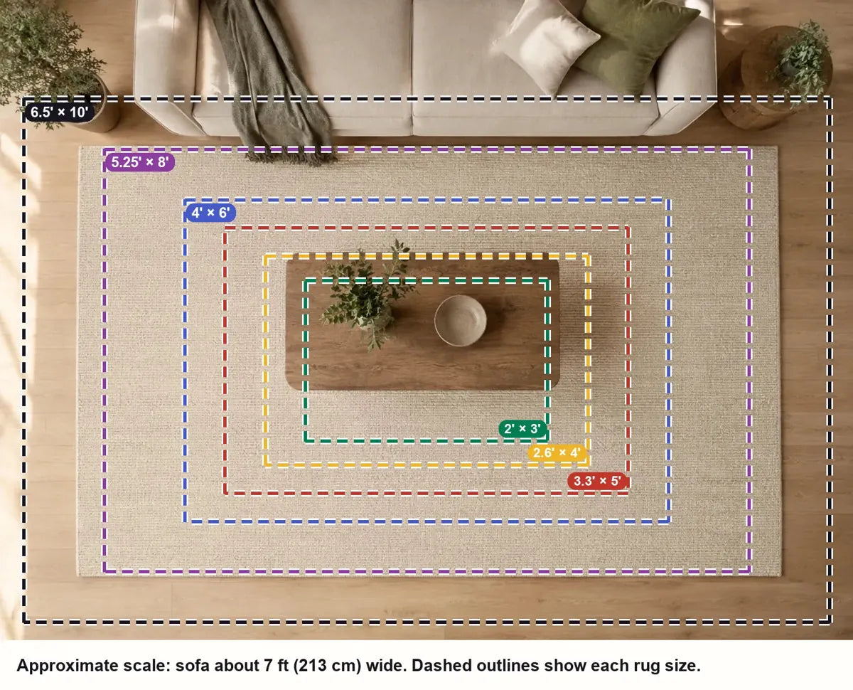 Area rug sizes from 2 by 3 ft to 6.5 by 10 ft drawn to scale in a living room