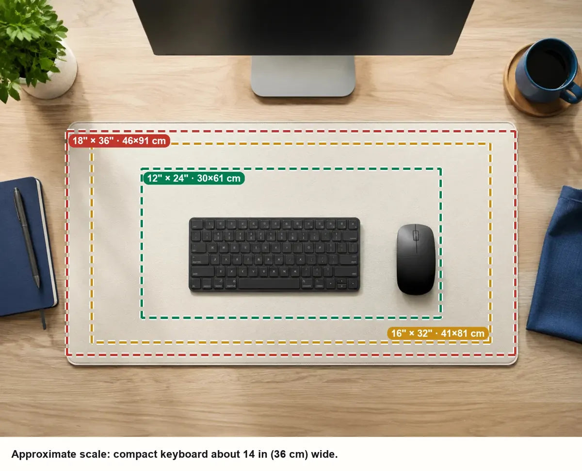 Three desk mat sizes drawn to scale under a keyboard and mouse